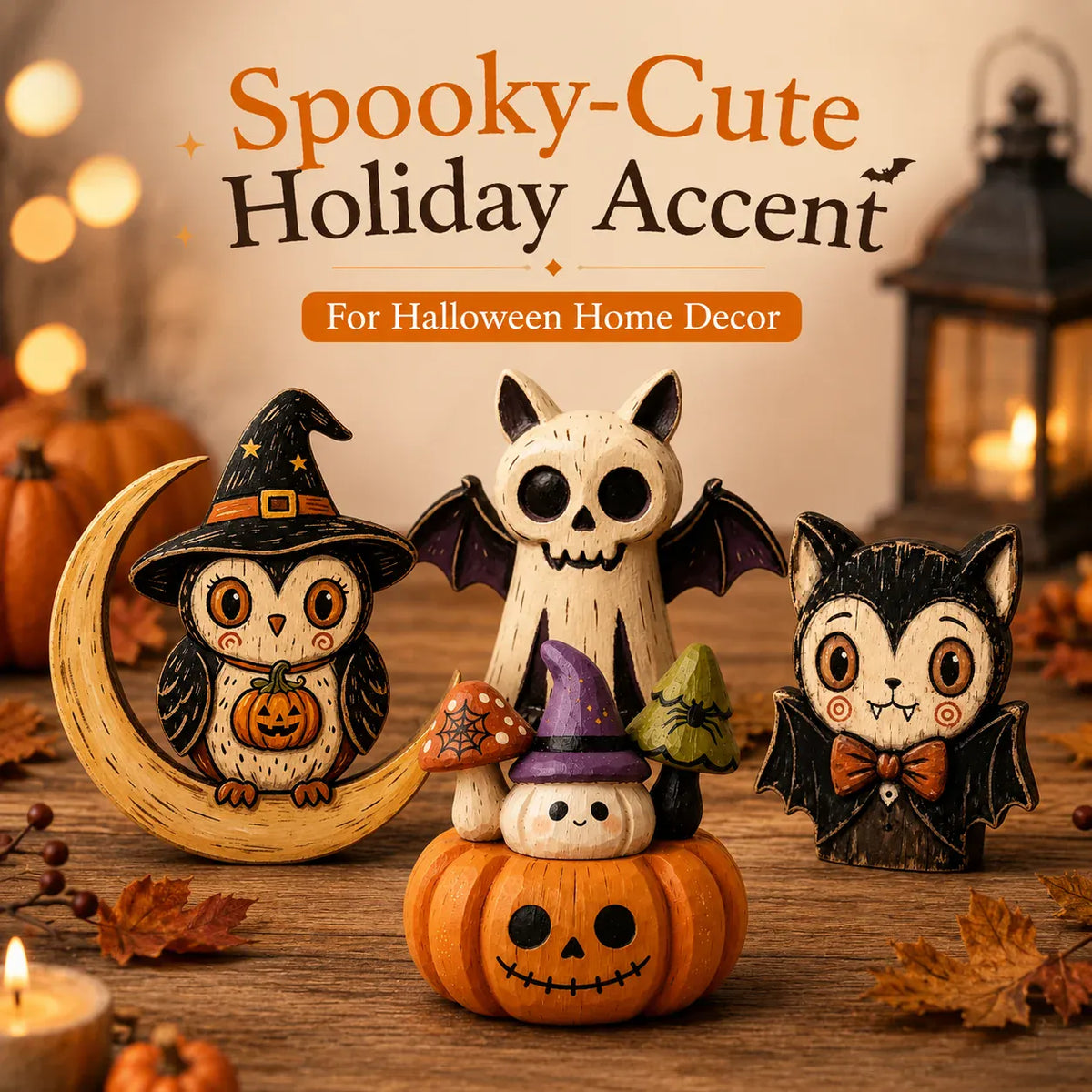 KissICON Halloween Wooden Tabletop Decor, Hand-Painted Owl Ghost Pumpkin & Vampire Cat Figurines for Shelf Mantel Party Decoration