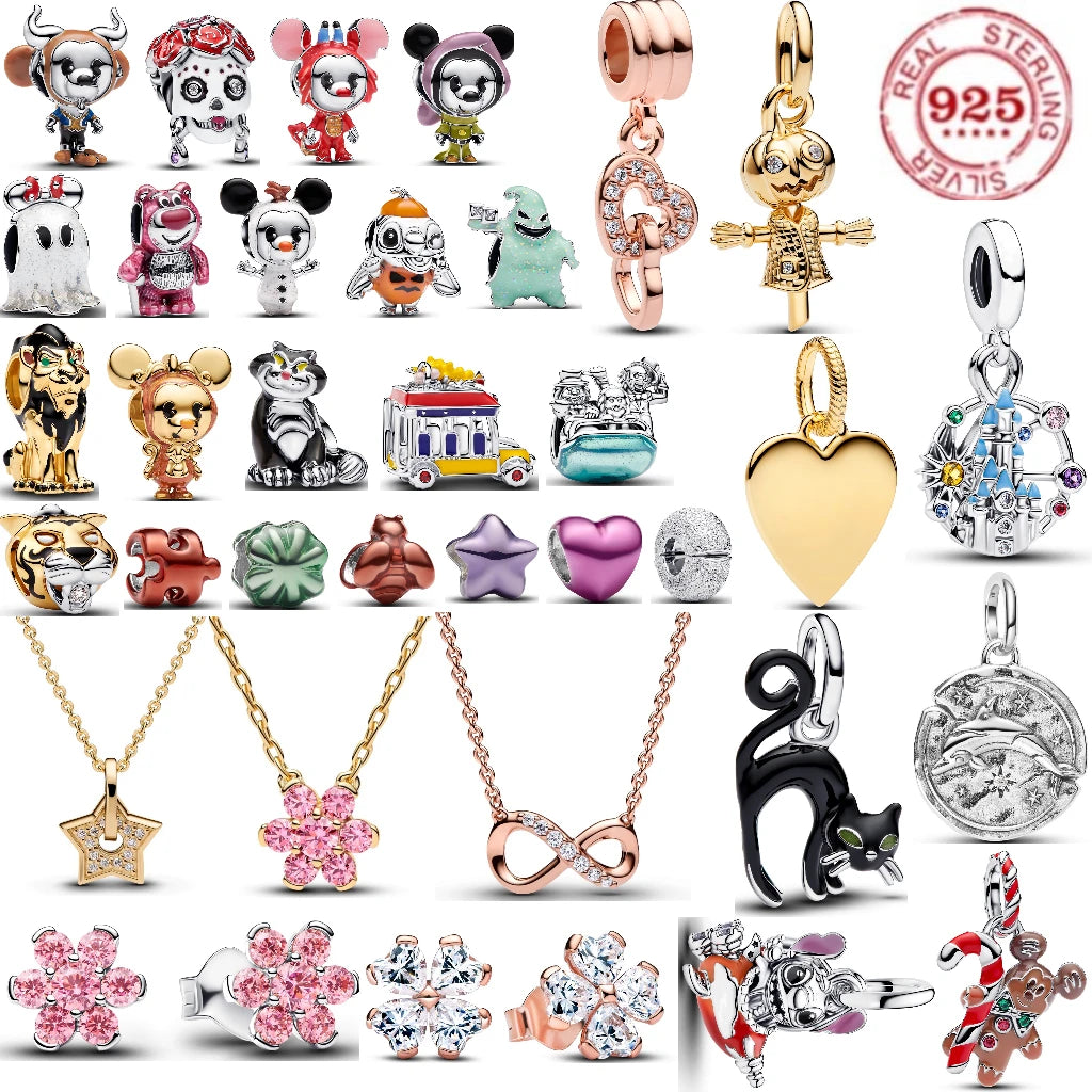 2026 New Disney Hot Sale 100%925 silver Lion Castle Charm Bead Necklace Stud Earrings Women DIY Fashion Jewellery Halloween Gift