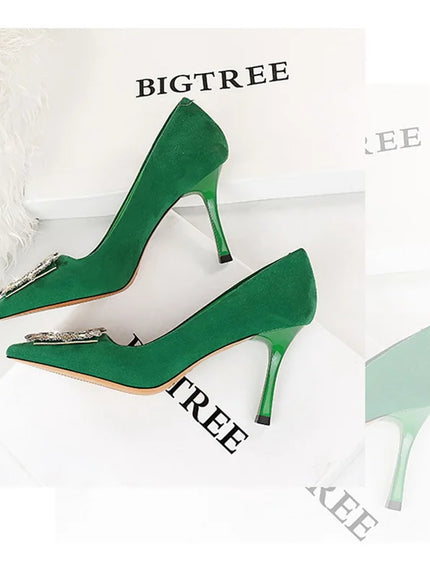 Fashion Women High Heels Metal Rhinestone Buckle Square