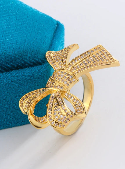 Yellow Gold Diamond Bow Ring 925 Silver Delicate Luxury Gift
