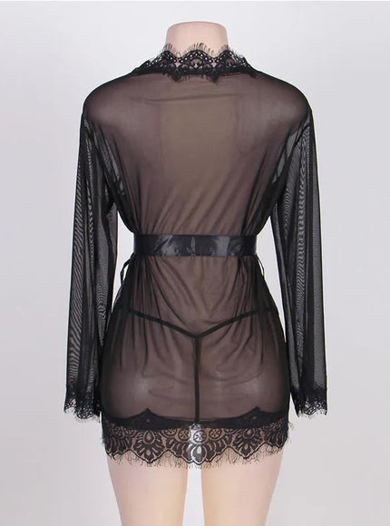 High Quality Women's Sheer Mesh Robe Set Transparent V Neck Sleepwear Nightgown Plus Size Sexy Babydoll Lingerie with Panties