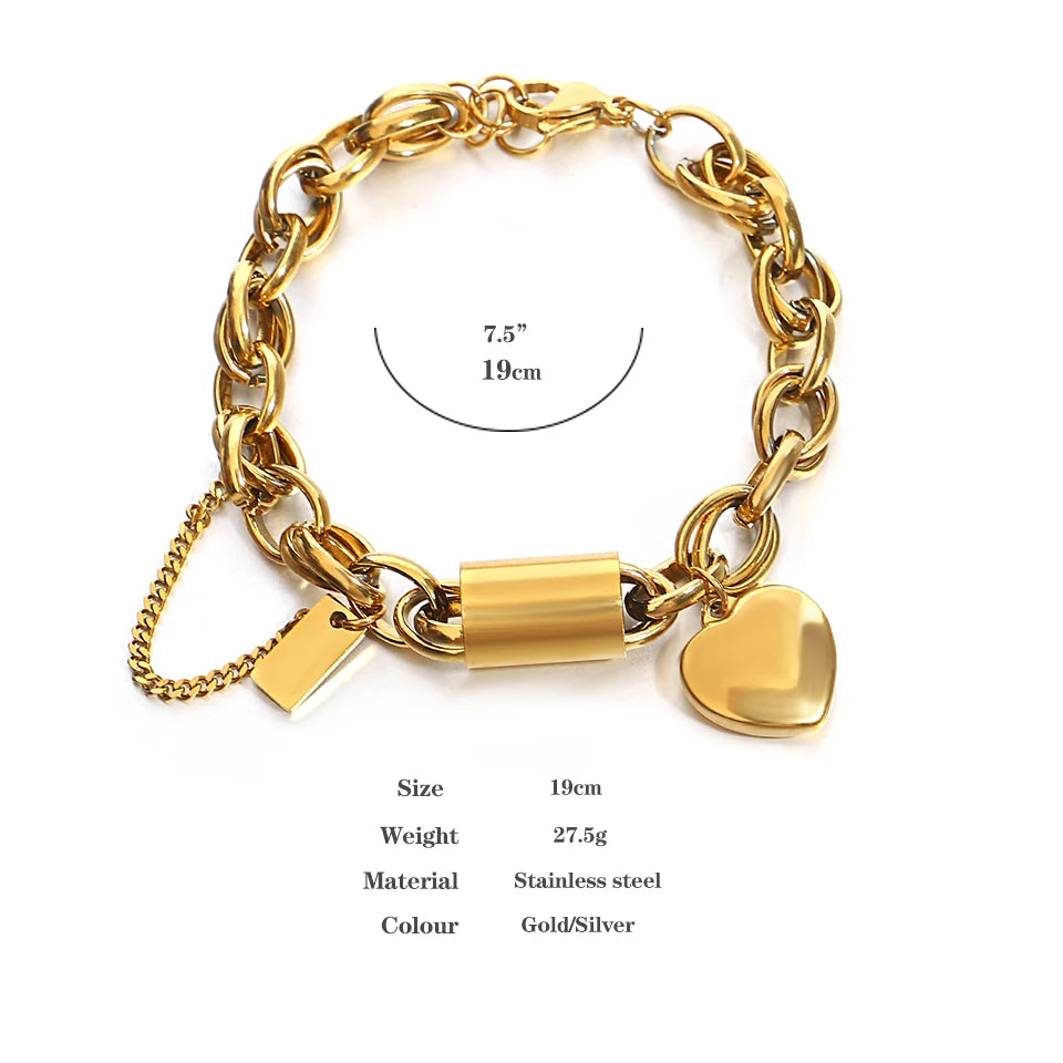 Heart Lock Stainless Steel Charm Bracelet Chunky Gold Plated Chain Love Bracelets for Women Valentine Gift