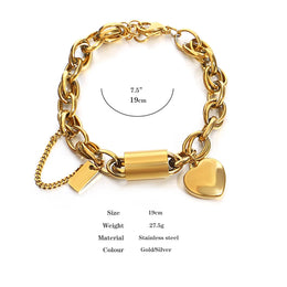 Heart Lock Stainless Steel Charm Bracelet Chunky Gold Plated Chain Love Bracelets for Women Valentine Gift
