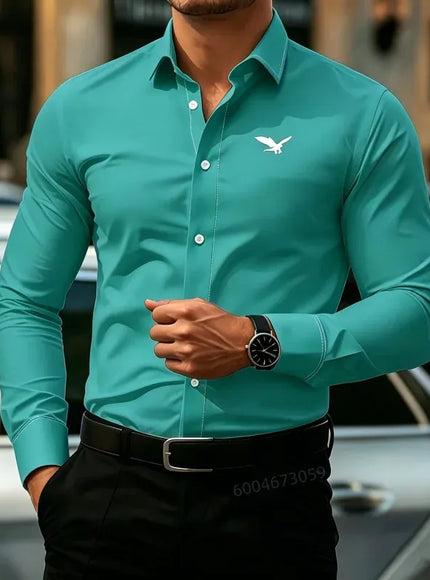KissICON WYZ-C-0447 / M Mens White Bird Print Business Casual Long Sleeve Shirt