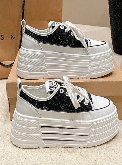 Bling Leather Flats Casual Dad Shoes Chunky Sneakers Women Platform Sports Shoes Ladies Skateboard Hidden Heels Shoes Tennis