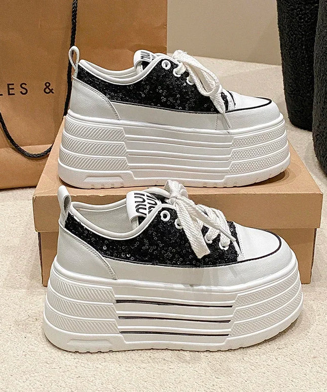 Bling Leather Flats Casual Dad Shoes Chunky Sneakers Women Platform Sports Shoes Ladies Skateboard Hidden Heels Shoes Tennis