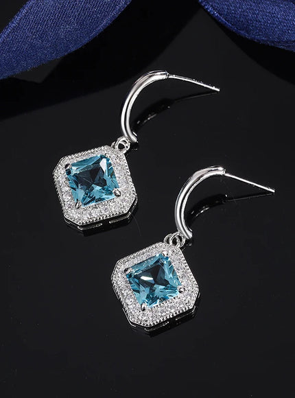 High Quality 925 Silver Plated Earrings for Womes Children Exquisite Square Geometric Jewelry Brilliant Blue Zircon Earring