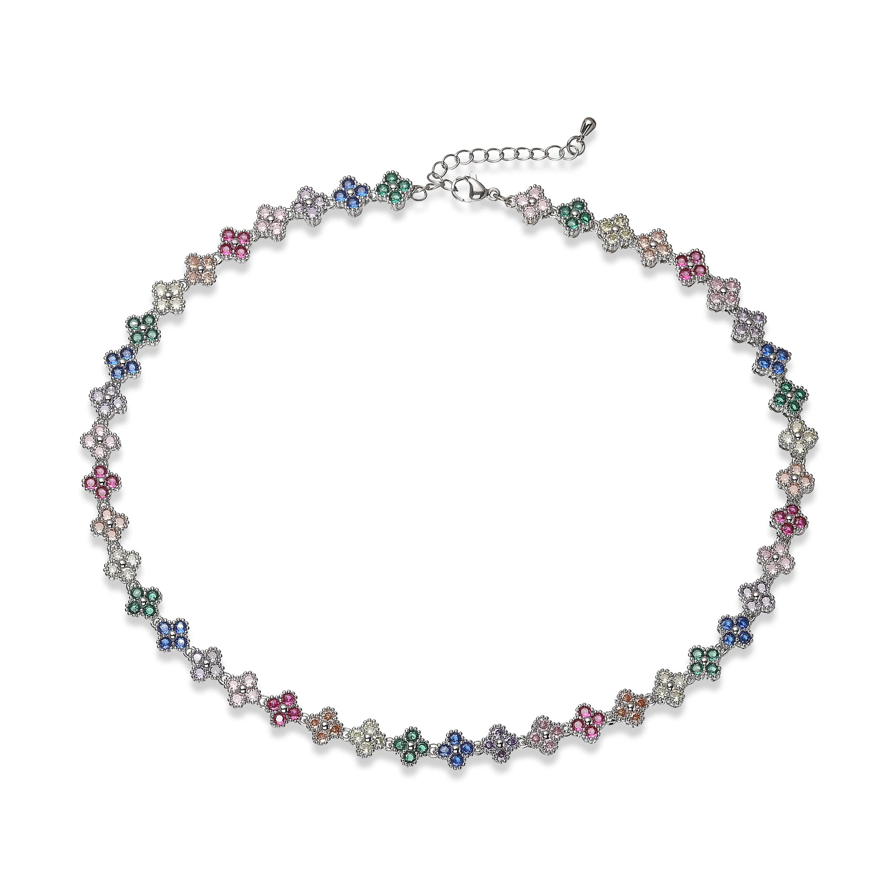 HECHENG, Bijoux Colorful Flower CZ Stone Brass Metal Bracelet/Necklace,Lobster Clasp, Adjustable, Minimalist Romantic Jewelry