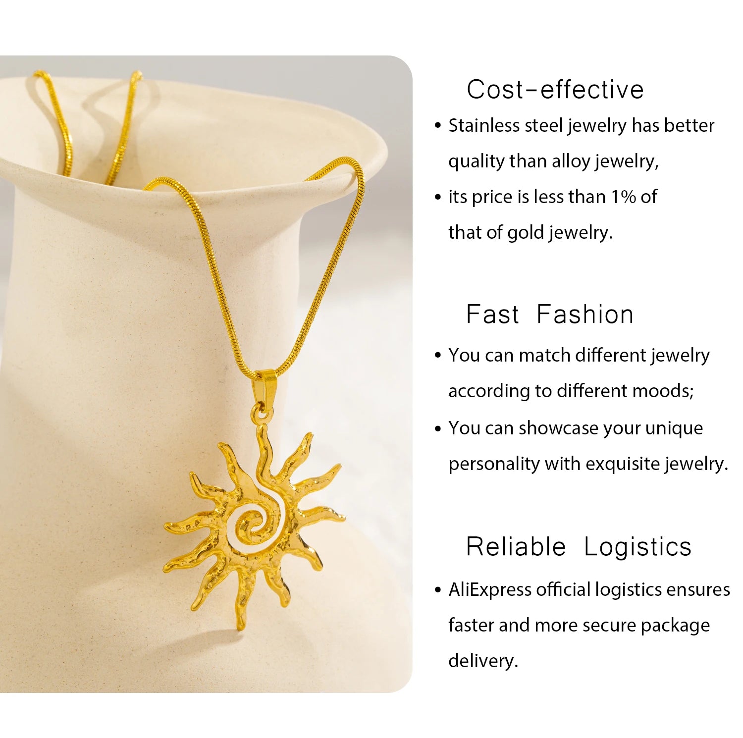 Spiral Sun Pendant Necklace for Women - 18K Gold Plated Hypoallergenic Stainless Steel, Daily Wear & Boho Gift Ideas Jewelry