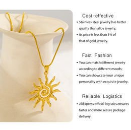 Spiral Sun Pendant Necklace for Women - 18K Gold Plated Hypoallergenic Stainless Steel, Daily Wear & Boho Gift Ideas Jewelry