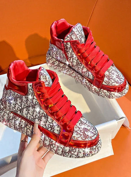 Women Luxury Vulcanized Shoes Sneakers Bling Rhineston Wedges Thick Bottom Lace Up Breathable Casual Sport Shoe plataforma mujer