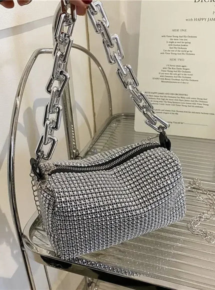 Allover Rhinestone Bucket Bag, Glitter Chain Prom Purse, Women's Mini Crossbody Bag