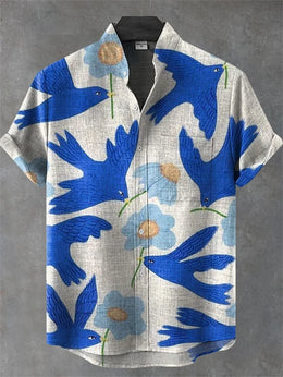 Retro collar men's short sleeved shirt with forest green series print 2025 new casual and comfortable top