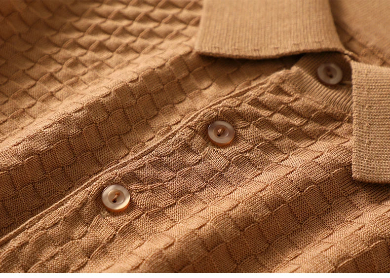 Business High-End Quality Men's Silk Pullover Short Sleeved POLO Neck Solid Color Breathable T-Shirt Knit Bottom Top 2023 Summer