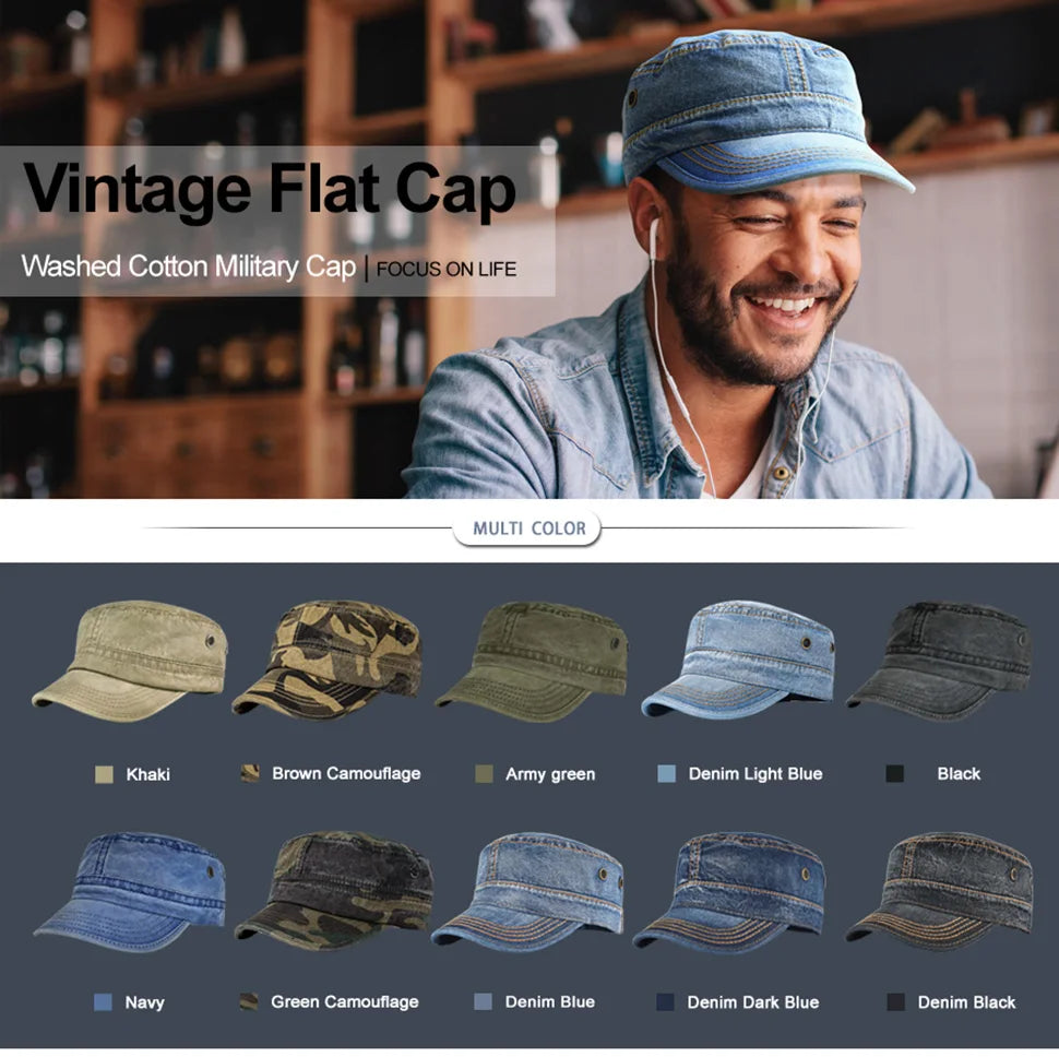 VOBOOM Washed Cotton Military Cadet Army Caps for Men Unique Design Adjustable Vintage Flat Top Hats with Air Hole