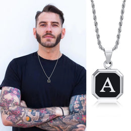 Initials Necklaces for Men Women,A-Z 26 Letters Black Square Stainless Steel Pendant Collar,45-60CM Twisted Rope Chain Gifts