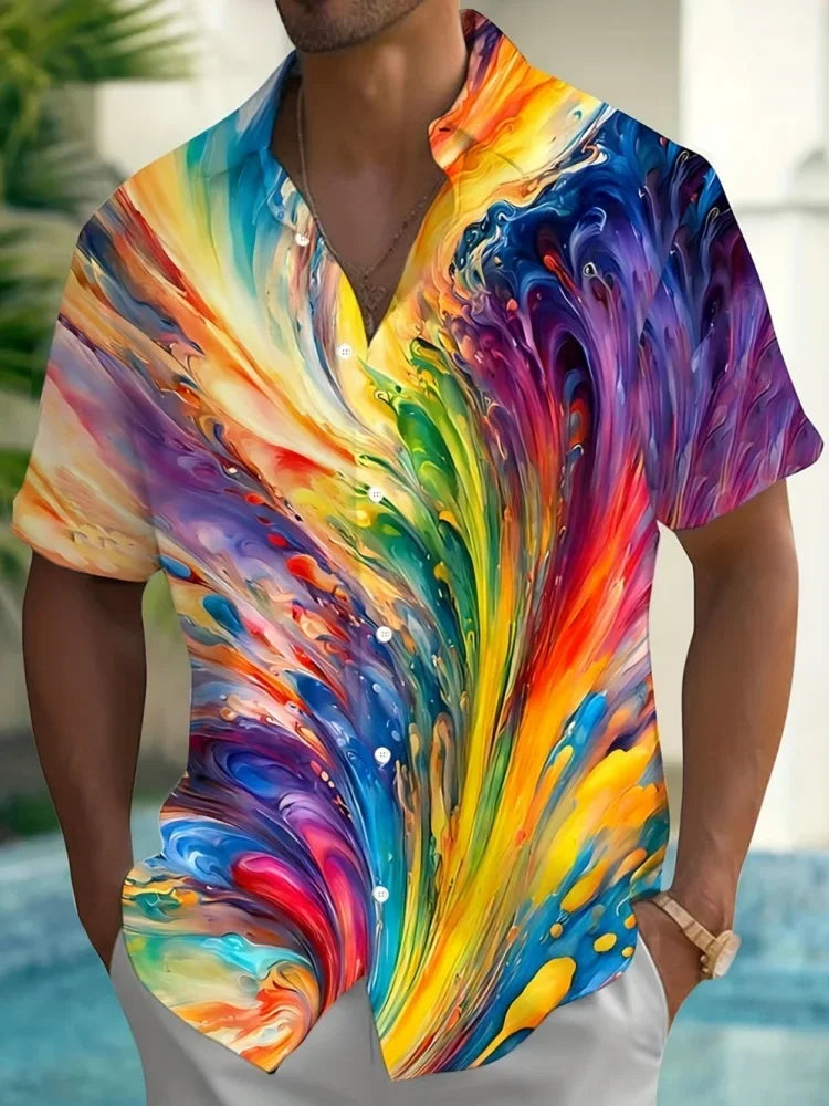 Men's Summer Casual Shirt Vibrant 3D Print Graffiti Art Short Sleeves Lapel Button-Up Top Stylish Streetwear Colorful Shirt Man