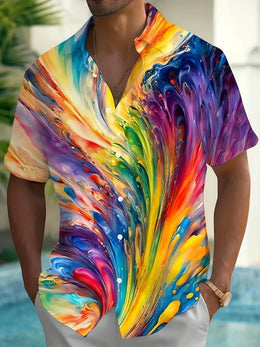 Men's Summer Casual Shirt Vibrant 3D Print Graffiti Art Short Sleeves Lapel Button-Up Top Stylish Streetwear Colorful Shirt Man
