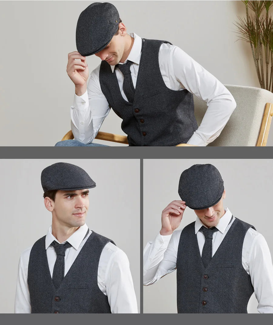 VOBOOM Wool Tweed Herringbone Irish Cap Men Women Beret Cabbie Driver Hat Newsboy Caps Golf Ivy Flat Hats Green Navy Black