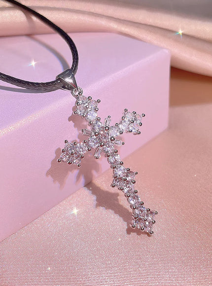 KissIcon Cubic Zirconia Cross Necklace - 925 Silver Plated