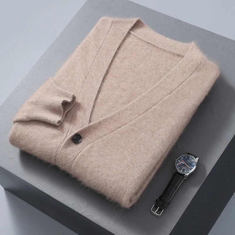 2025 Autumn Winter New Cardigan Men's V-Neck Top 100% Mink Cashmere Knitted Sweater Casual Loose Large Long Sleeved Shirt Jacket