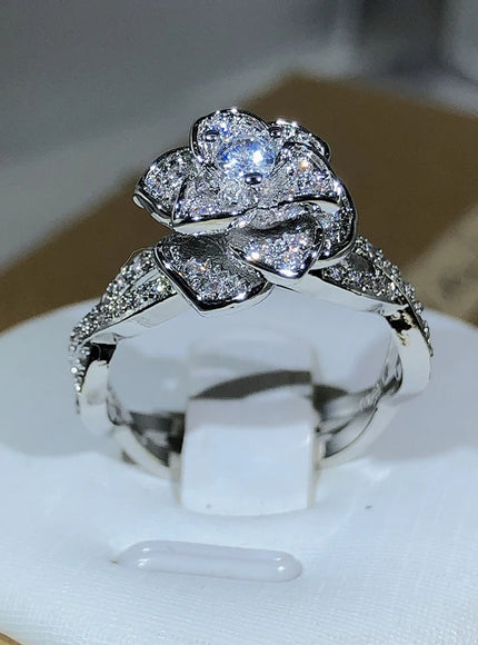 Sterling Silver Intertwined Rose Ring with White Zircon