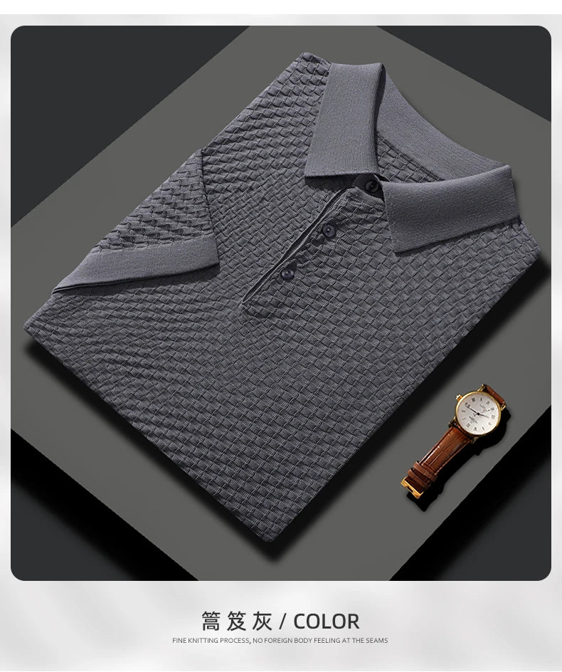 Business High-End Quality Men's Silk Pullover Short Sleeved POLO Neck Solid Color Breathable T-Shirt Knit Bottom Top 2023 Summer