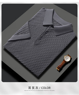 Business High-End Quality Men's Silk Pullover Short Sleeved POLO Neck Solid Color Breathable T-Shirt Knit Bottom Top 2023 Summer