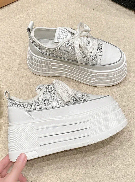 Bling Leather Flats Casual Dad Shoes Chunky Sneakers Women Platform Sports Shoes Ladies Skateboard Hidden Heels Shoes Tennis