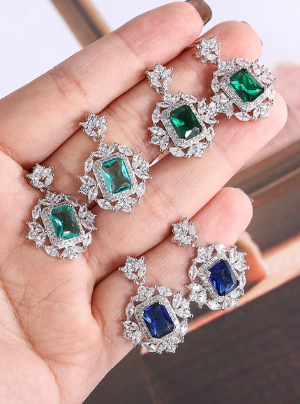 KissIcon Silver Plated Earrings - Green Blue Zircon Sparkle