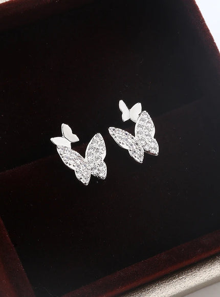Butterfly Full Diamond Stud Ladies Simple Everything Temperament S925 Silver Plated Earrings Small Exquisite Send Girlfriend