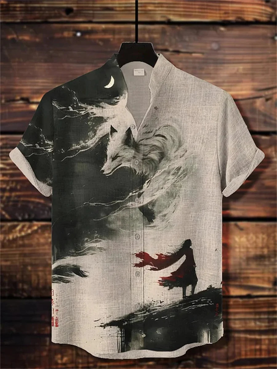 Men's short-sleeved shirt, samurai ink painting print, loose and breathable casual top, trendy retro design Hawaiian shirt.