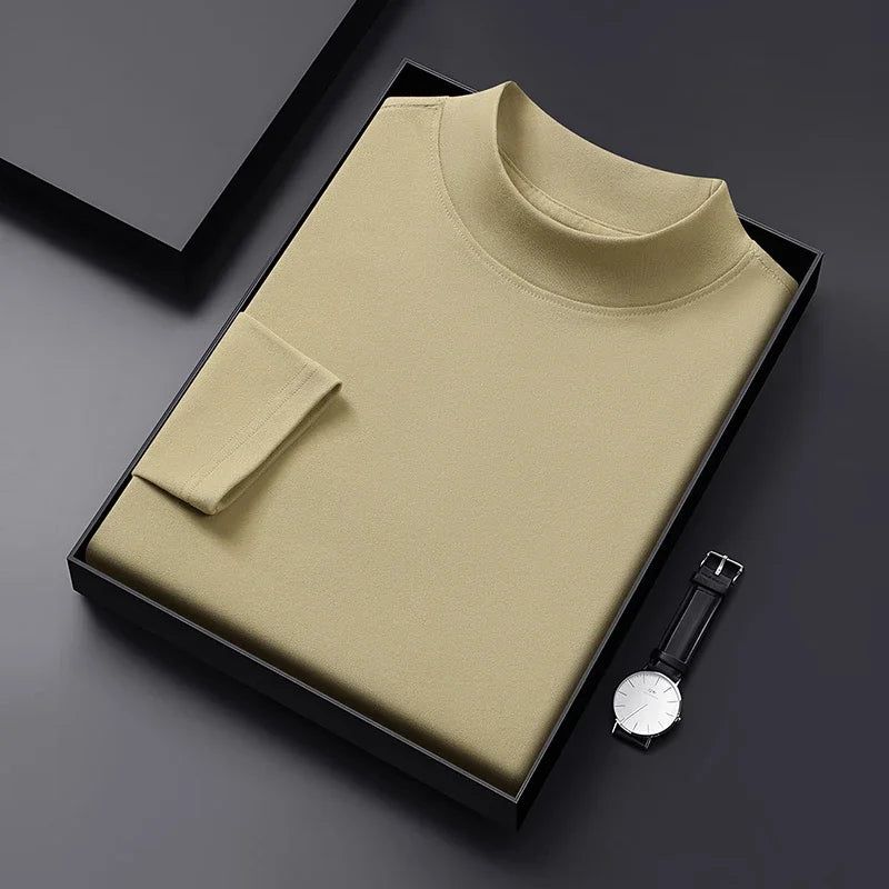 2026 New Men's Casual Solid Color High Collar Velvet Long Sleeve T-shirt Spring and Autumn Versatile Comfortable Top