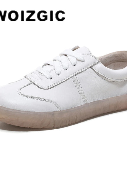 WOIZGIC Gril Women's Ladies Female Woman Genuine Leather White Vulcanized Shoes Flats Sneakers Platform Lace Up soft four season