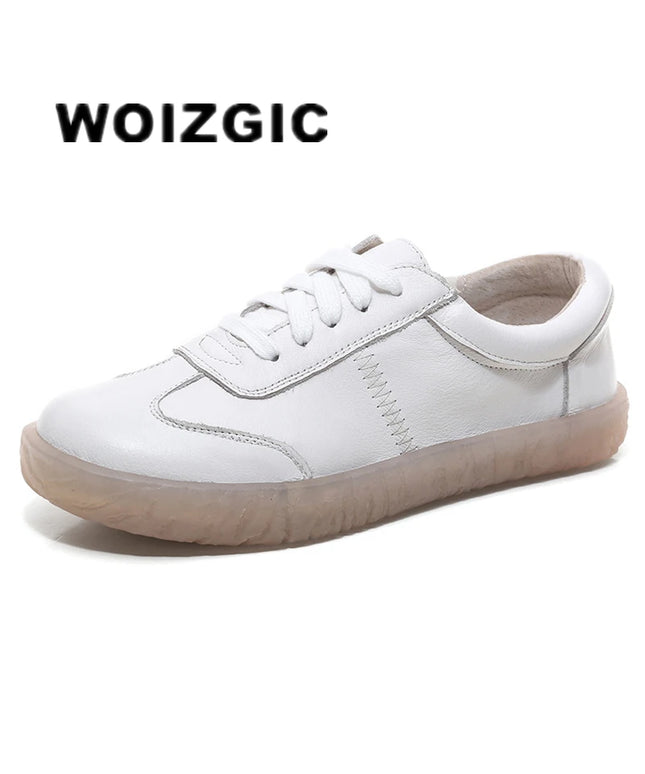 WOIZGIC Gril Women's Ladies Female Woman Genuine Leather White Vulcanized Shoes Flats Sneakers Platform Lace Up soft four season