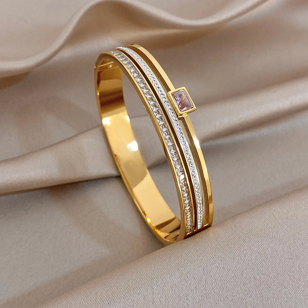 Luxury Stainless Steel Cuff Bracelet Bangle Set for Women Men Gold Plated Bracelets Inlaid White Rhinestone Wide Bangles Gift