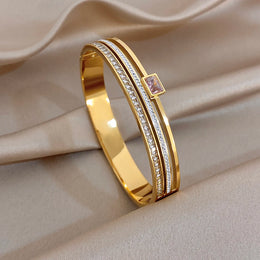 Luxury Stainless Steel Cuff Bracelet Bangle Set for Women Men Gold Plated Bracelets Inlaid White Rhinestone Wide Bangles Gift