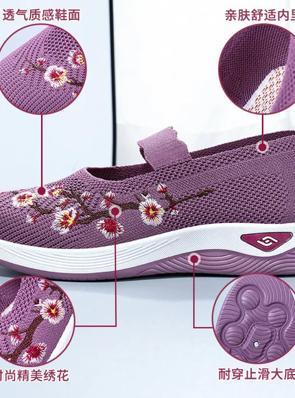 Women's Solid  casual sneaker Color Knitted Sneakers, Floral Embroidered Lightweight  women's shoes women's summer shoes