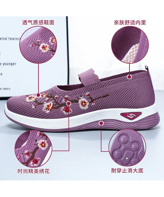 Women's Solid  casual sneaker Color Knitted Sneakers, Floral Embroidered Lightweight  women's shoes women's summer shoes