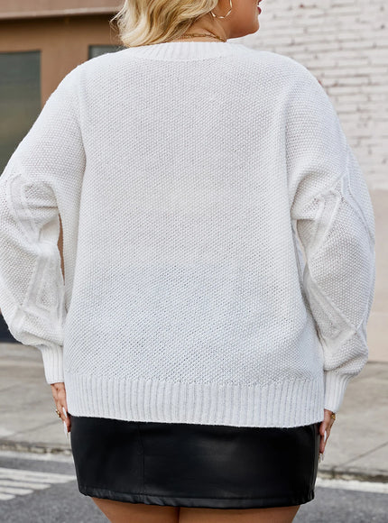 Plus Size Women's Diamond Patterned Casual Sweater Pullover Solid Color Long Sleeved Top Autumn Winter Warm Base Sweaters