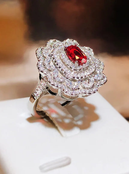 KissIcon Luxury Dark Red CZ Ring For Brides - Floral Design