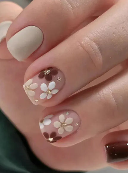 KissIcon Flower Short Brown Full Cover Nails -