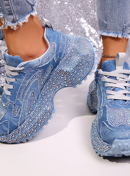 Luxury Rhinestone Chunky Sneakers for Women Fashion Purple Denim Platform Sports Shoes Woman Non Slip Thick Sole Vulcanize Shoes