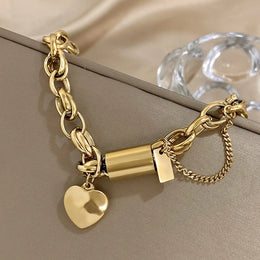 Heart Lock Stainless Steel Charm Bracelet Chunky Gold Plated Chain Love Bracelets for Women Valentine Gift