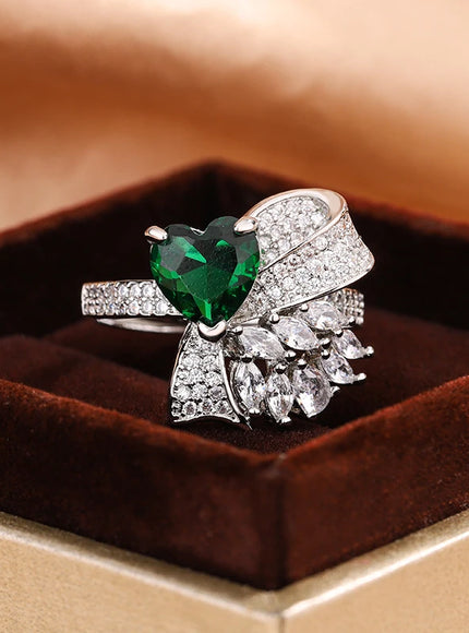 Exquisite Silver Plated Ladies Green Heart Zircon Bow Ring