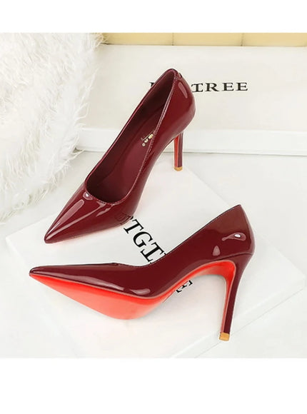 Fashionable Simple Slim Heels High Heels Glossy Patent