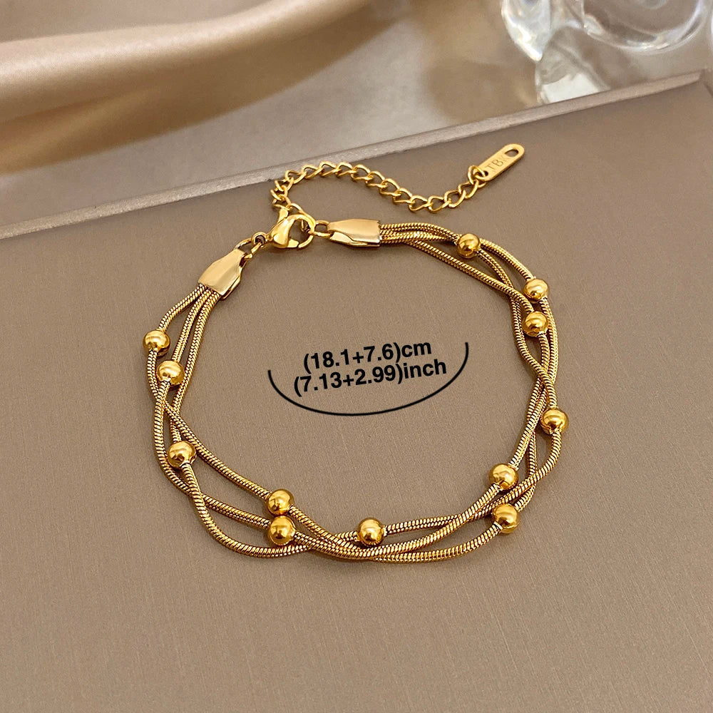 Stylish Gold Silver Color Stainless Steel Adjustable Bracelet for Women Elegant Multilayer Wrap Beaded Bracelets Party Jewelry