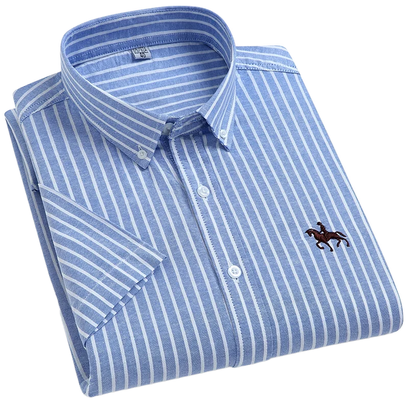 100% Cotton Oxford Shirt Men's Summer short sleeved Sleeve Embroidered Horse Casual Without Pock et Solid Shirt Plus Size S-6XL