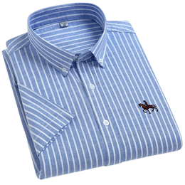 100% Cotton Oxford Shirt Men's Summer short sleeved Sleeve Embroidered Horse Casual Without Pock et Solid Shirt Plus Size S-6XL