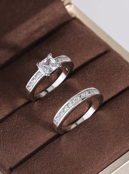 925 Sterling Silver Double Row Zircon Micro Inlaid Style Wedding Diamond Ring Set Ring Zircon For Couple Ring